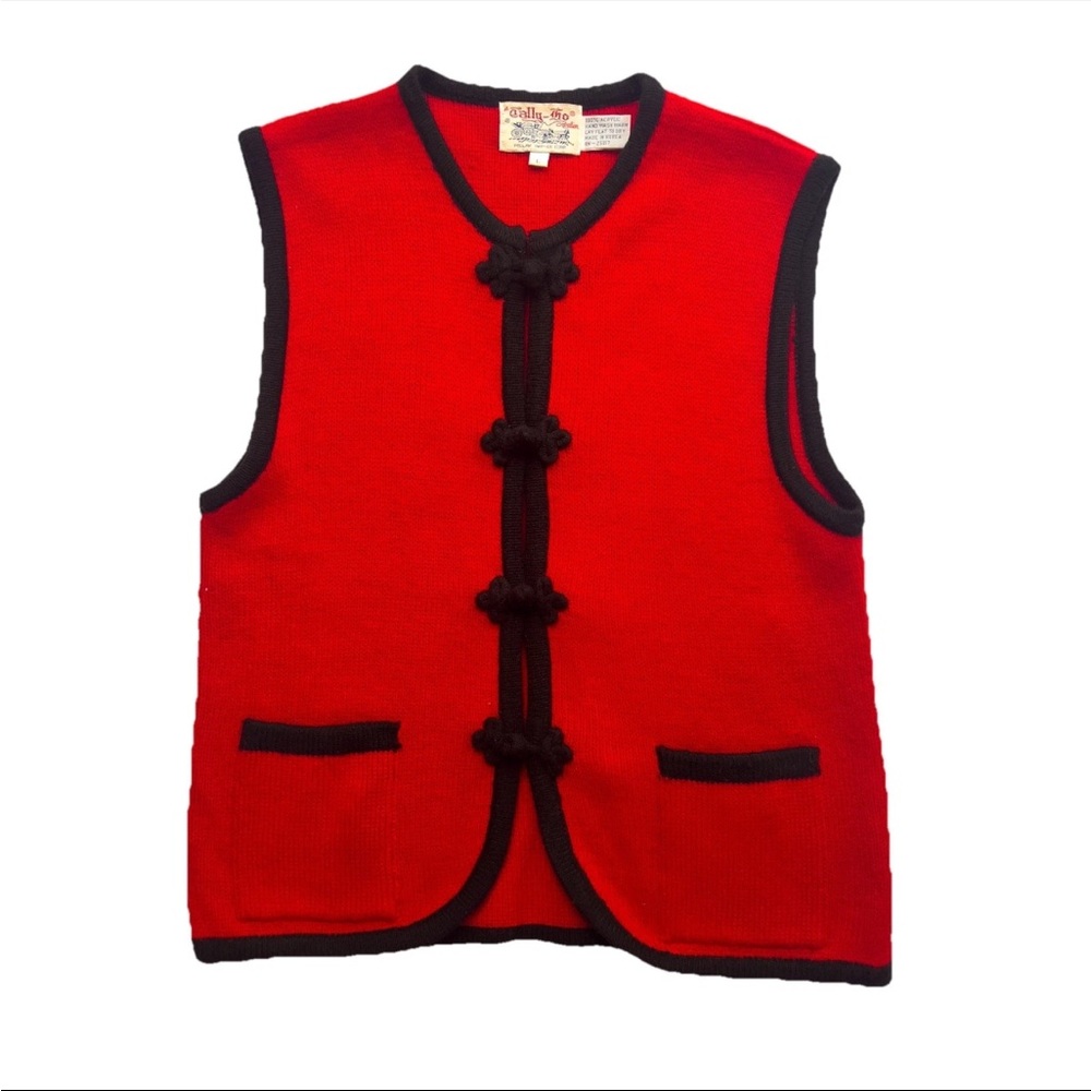 Vintage Tally Ho Vest Handcrafted Knit Knot Red  Black Trim Women’s Size Large